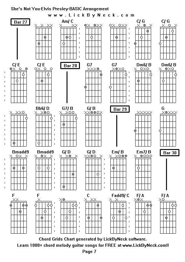 Chord Grids Chart of chord melody fingerstyle guitar song-She's Not You-Elvis Presley-BASIC Arrangement,generated by LickByNeck software.